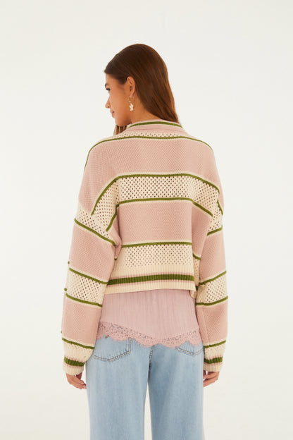 Cardigan Cropped Tricot Rayas Bege Seda